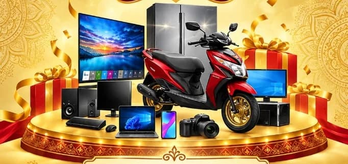 Carnival prizes on a stage: a scooty, a double-door refrigerator, a smart TV, a laptop, a phone and a camera